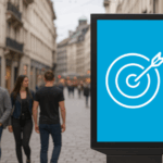 Menschen gehen in der Stadt an einem Screen vorbei
