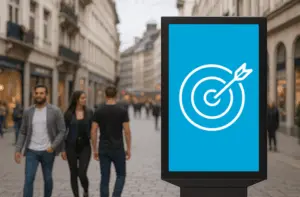 Menschen gehen in der Stadt an einem Screen vorbei